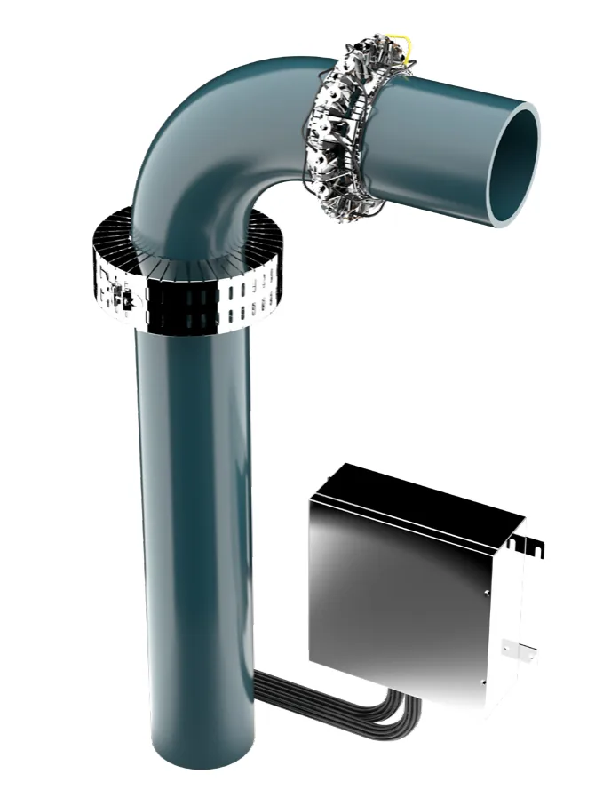 ClampOn CEM transducers mounted around a pipe bend
