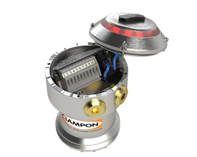 ClampOn Ex d pig detector with open lid and terminal blocks